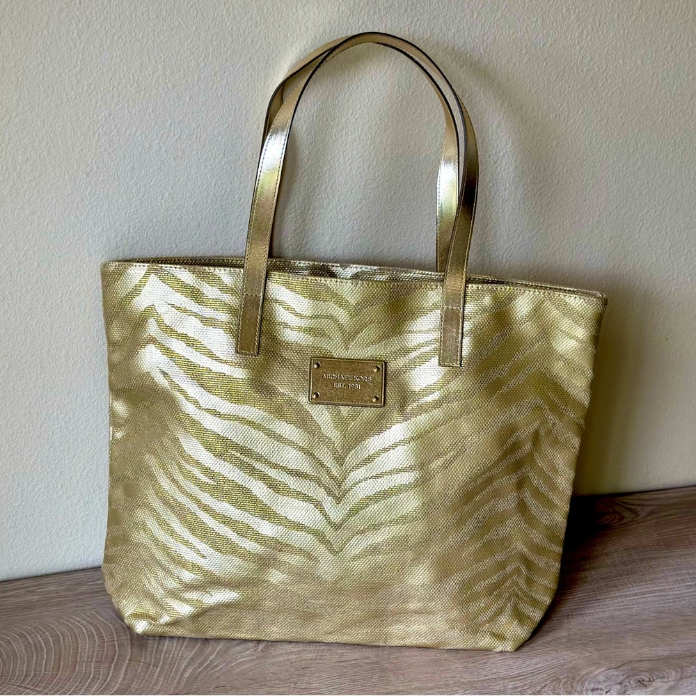 Michael Kors Canvas Animal Print Zebra Gold Tan Metalic Large Tote-Shoulder Bag